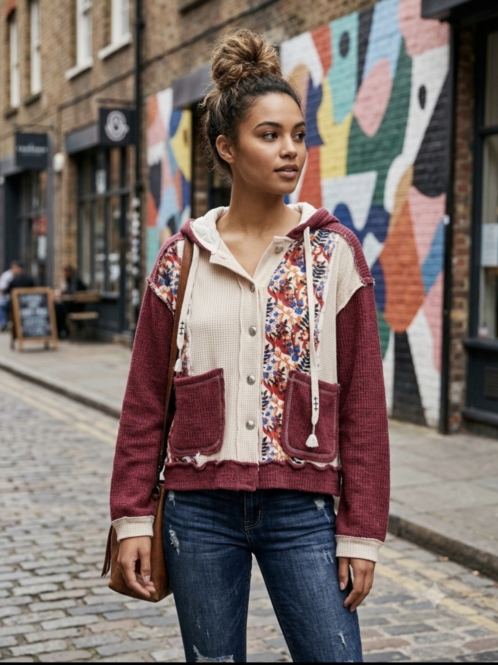 POL Patchwork Hooded Bomber Jacket in Burgundy and Cream